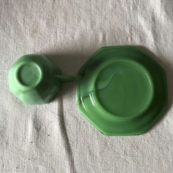 Depression Era Slag Glass Child's tea cup and saucer collectible farmhouse mini's display green slag cottage shabby chic