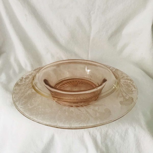 Depression glass Center Bowl with turned down etched floral rim gold trim farmhouse collectible display console bowl