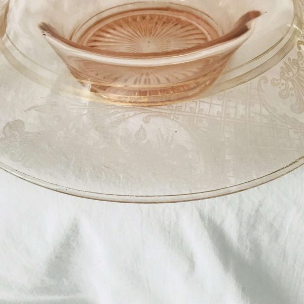 Depression glass Center Bowl with turned down etched floral rim gold trim farmhouse collectible display console bowl