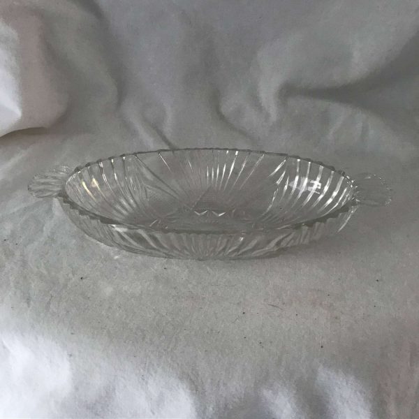 Depression glass dish relish pickle olive oval double handle patterned glass display collectible serving dining elegant dining
