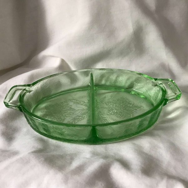 Depression Glass Green Divided Serving bowl  etched pattern collectible glass display farmhouse cottage shabby chic bowl dish relish tray