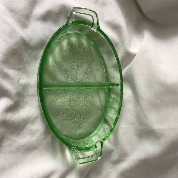 Depression Glass Green Divided Serving bowl  etched pattern collectible glass display farmhouse cottage shabby chic bowl dish relish tray