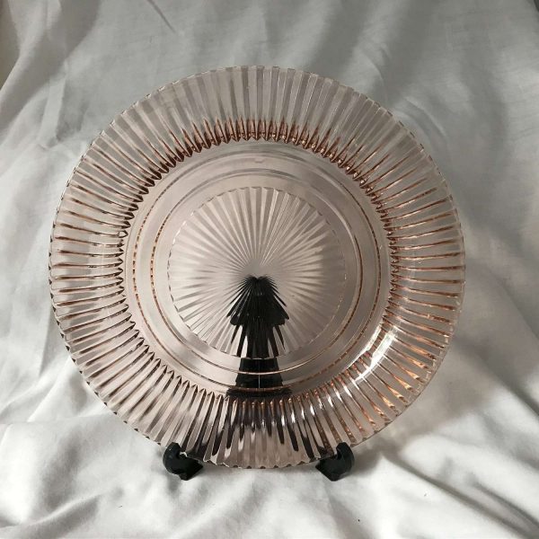 Depression glass pink ribbed pattern serving platter plate tray farmhouse collectible display cottage shabby chic 10" across