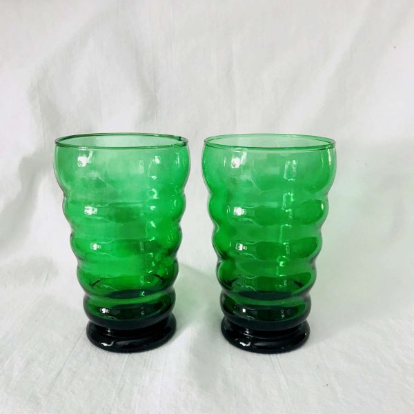 Depression glass tumblers dark green Harpo patterned glass Iced tea water glasses farmhouse collectible display cottage retro kitchen decor