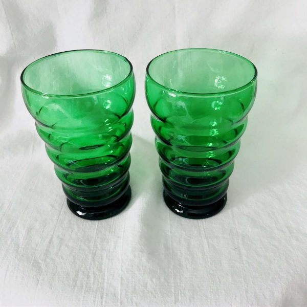 Depression glass tumblers dark green Harpo patterned glass Iced tea water glasses farmhouse collectible display cottage retro kitchen decor