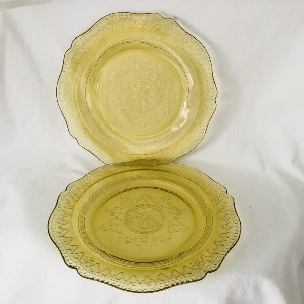 Depression glass Yellow Madrid Pattern PAIR of Luncheon plates farmhouse collectible display cottage shabby chic diining serving