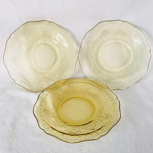 Depression glass Yellow Madrid Pattern set 3 saucers farmhouse collectible display cottage shabby chic diining serving tea coffee saucers