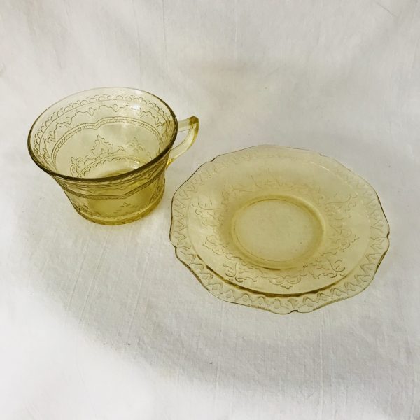 Depression glass Yellow Madrid Pattern tea cup and saucer farmhouse collectible display cottage shabby chic dinning kitchen decor