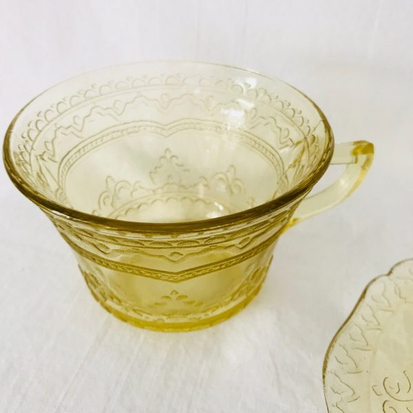 Depression glass Yellow Madrid Pattern tea cup and saucer farmhouse collectible display cottage shabby chic dinning kitchen decor
