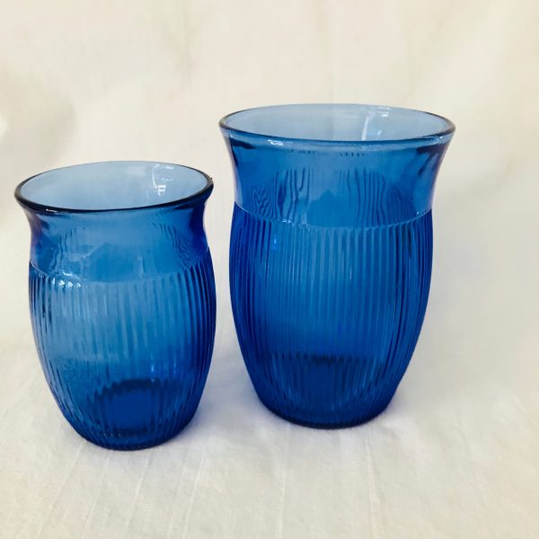 Depression Pair of tumblers cobalt ribbed patterned glass juice and water glasses farmhouse collectible display cottage retro kitchen decor
