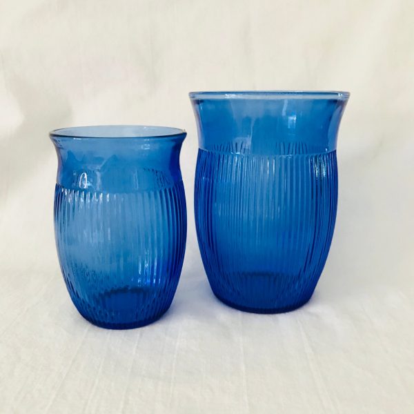 Depression Pair of tumblers cobalt ribbed patterned glass juice and water glasses farmhouse collectible display cottage retro kitchen decor