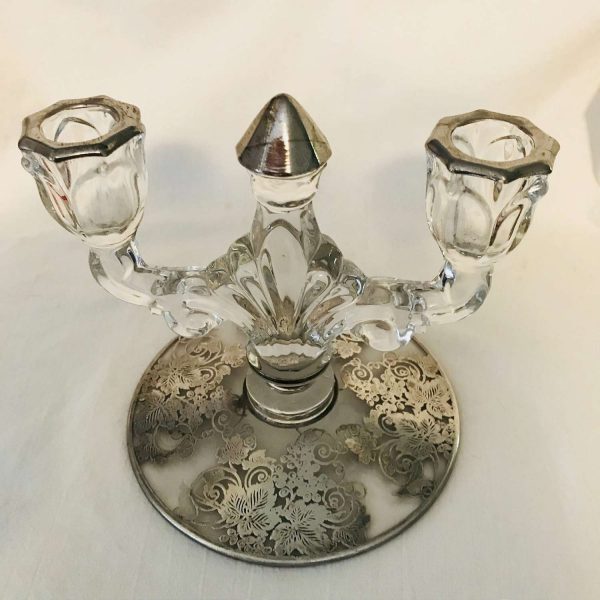 Double candlestic holder Sterling Silver Overlay 1930's Deco Era Collectible Display Farmhouse serving dining Art Deco