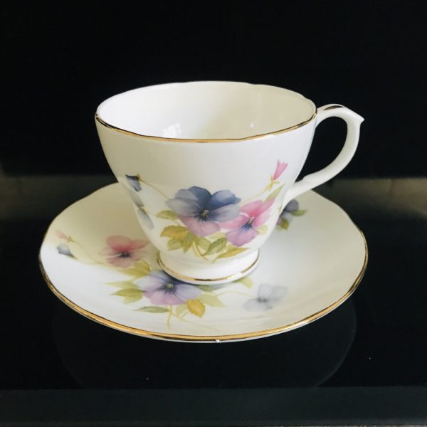 Duchess Tea cup and saucer England Fine bone china Morning glory floral purple pink blue farmhouse collectible display cottage shabby chic