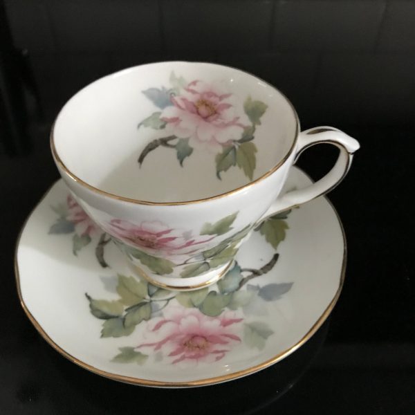 Duchess Tea cup and saucer England Fine bone china Pink Cabbage Rose gold trimmed farmhouse collectible display cottage shabby chic