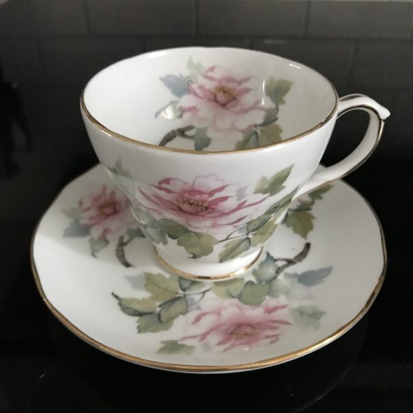 Duchess Tea cup and saucer England Fine bone china Pink Cabbage Rose gold trimmed farmhouse collectible display cottage shabby chic