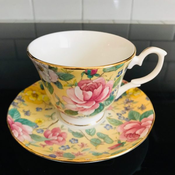 Duchess Tea cup and saucer England Fine bone china Yellow Chintz cabbage rose gold trimmed farmhouse collectible display cottage shabby chic