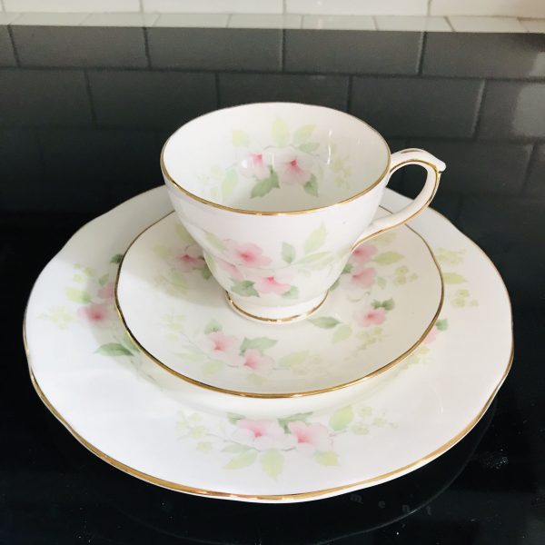 Duchess Tea cup and saucer TRIO England Fine bone china Pink Floral gold trim farmhouse collectible display serving