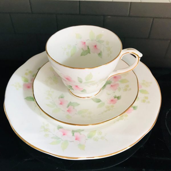 Duchess Tea cup and saucer TRIO England Fine bone china Pink Floral gold trim farmhouse collectible display serving