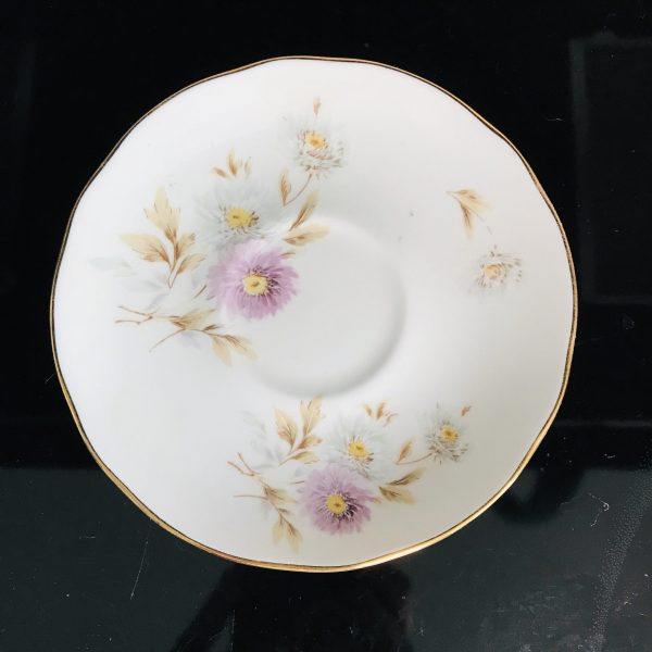 Duchess Tea cup and saucer TRIO England Fine bone china Purple & White Carnations snack plate gold trim farmhouse cottage