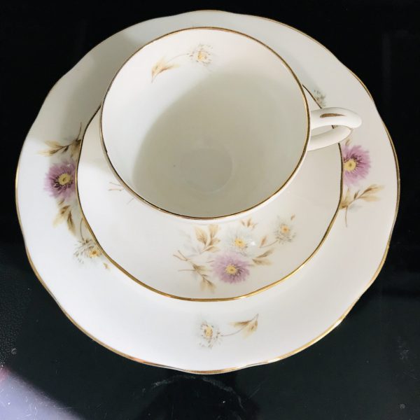 Duchess Tea cup and saucer TRIO England Fine bone china Purple & White Carnations snack plate gold trim farmhouse cottage