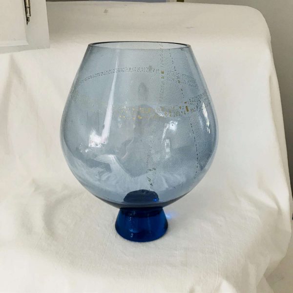 Early Vase Murano signed Glass La Murrina etched brandy snifter fish bowl design gold fleck geometric pattern Mod Atomic Mid Century Blue