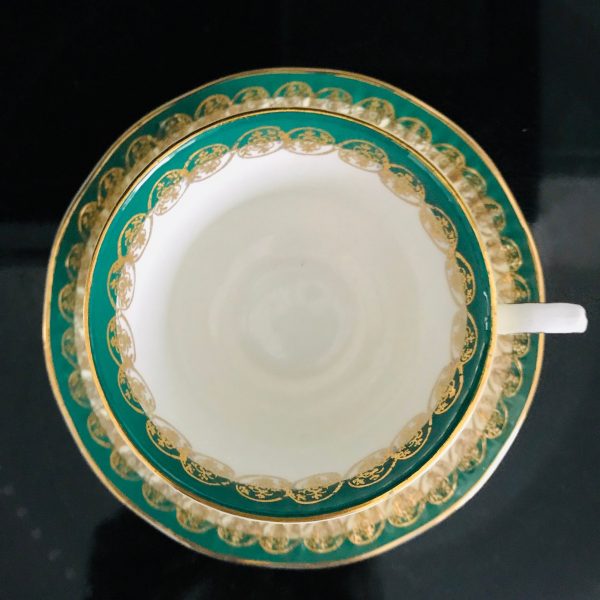 Elizabethan Tea cup and saucer Fine bone china England gold and green on ivory Ribbed china gold trim farmhouse collectible display