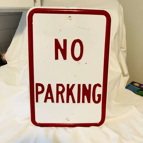 Enameled No parking Sign Front side painted back side white raised no parking on front red trim signs collectible display