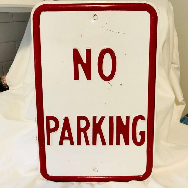 Enameled No parking Sign Front side painted back side white raised no parking on front red trim signs collectible display