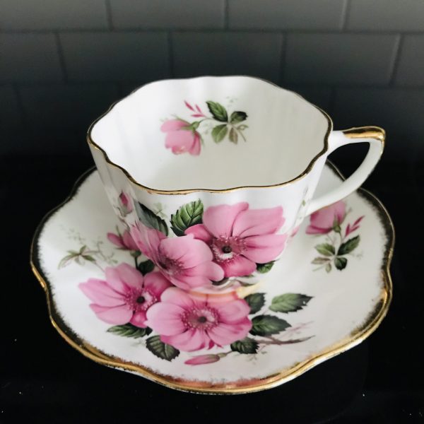 England Tea cup and saucer 22kt gold trim Pink Floral Fine bone china farmhouse cottage collectible display serving