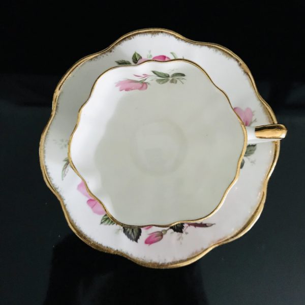 England Tea cup and saucer 22kt gold trim Pink Floral Fine bone china farmhouse cottage collectible display serving