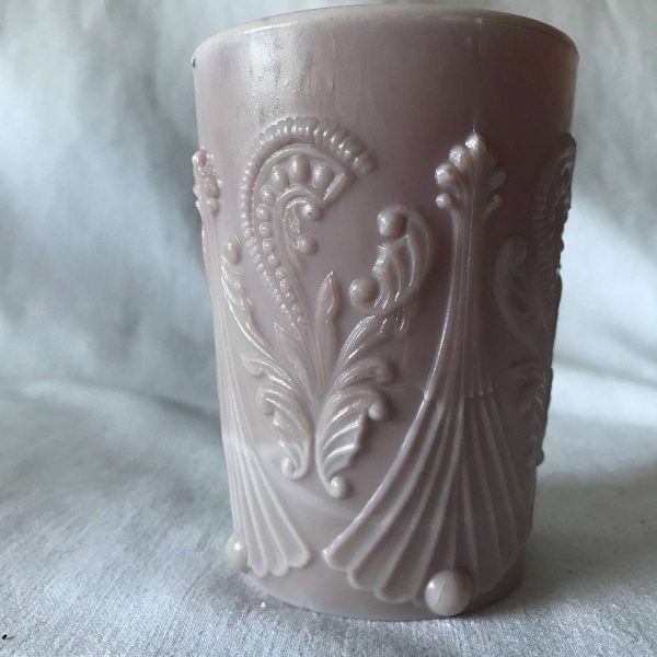 Fantastic Antique Pink Milk Glass Raised pattern tumbler Ornate Bathroom Water glass collectible slag glass farmhouse cottage shabby chic