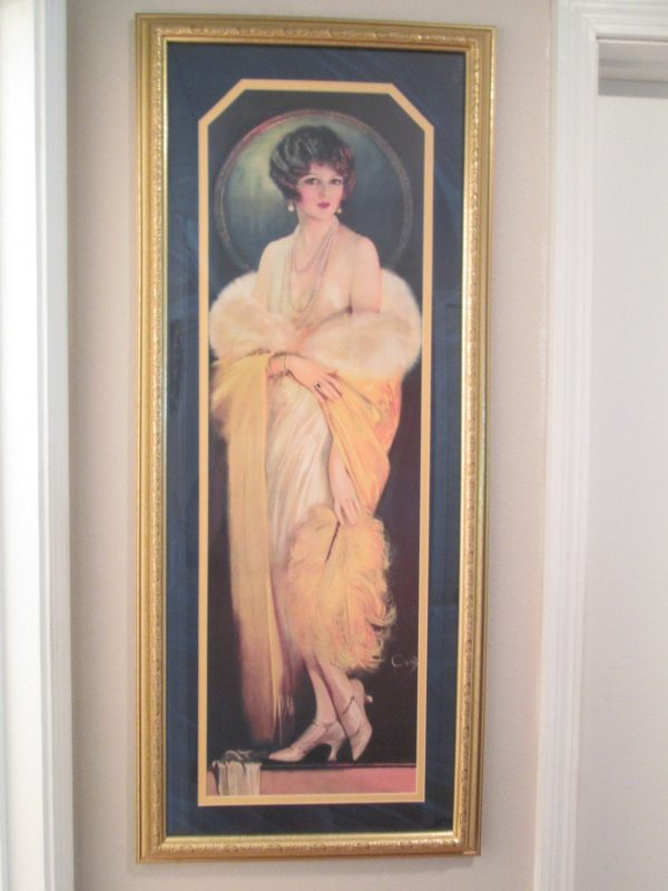 Fantastic Flapper Girl Art Deco  litho framed 17" x 40" Vibrant colors Bright Yellow Navy Blue Gold Wood Frame