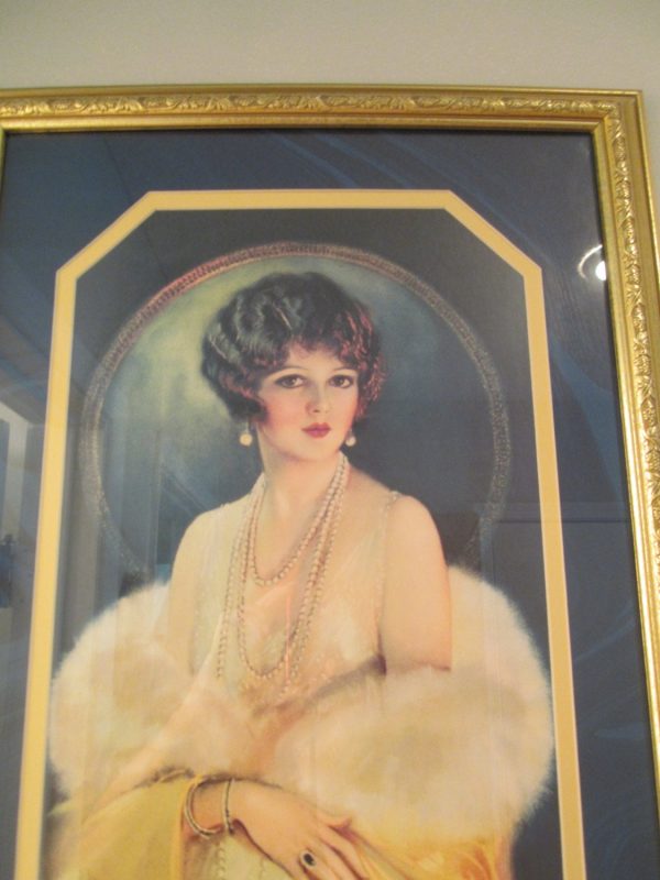 Fantastic Flapper Girl Art Deco  litho framed 17" x 40" Vibrant colors Bright Yellow Navy Blue Gold Wood Frame