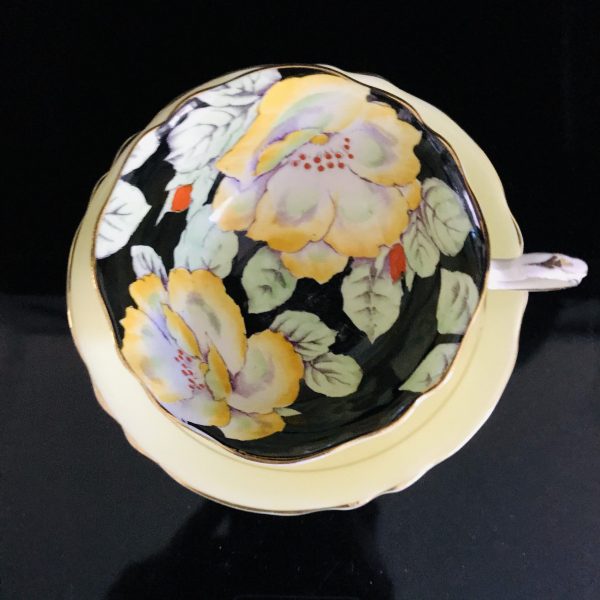 Fantastic Paragon Tea Cup and Saucer England Yellow & Black Floral Inside bridal shower Collectible farmhouse Display Cottage serving coffee