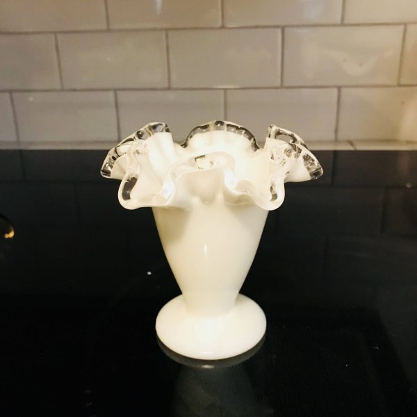 Fenton 1950's glass miniature Silver Crest vase 3 7/8" tall Opalescent rim collectible display vintage home decor bud vase