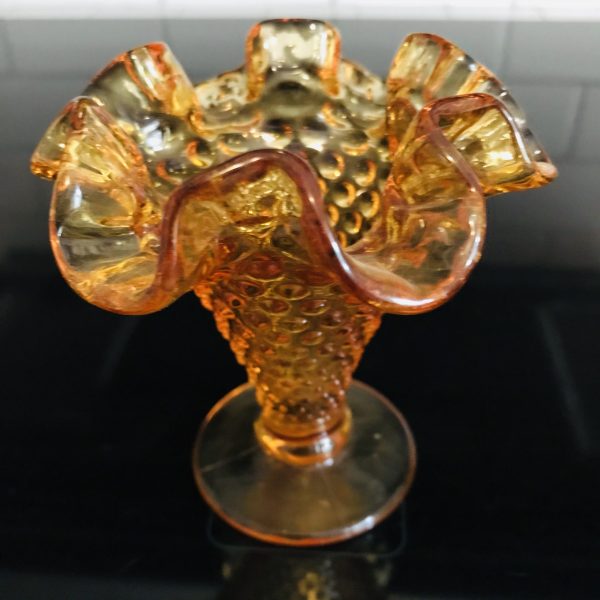 Fenton Hobnail 1950's Amber glass miniature RUFFLE vase 4" tall Opalescent rim collectible display vintage home decor bud vase