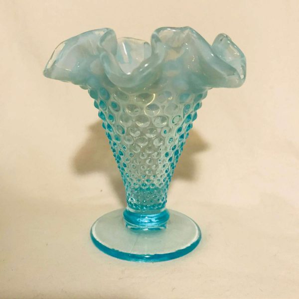 Fenton Hobnail 1950's Aqua Blue glass miniature RUFFLE vase 3 5/8" tall Opalescent rim collectible display vintage home decor bud vase