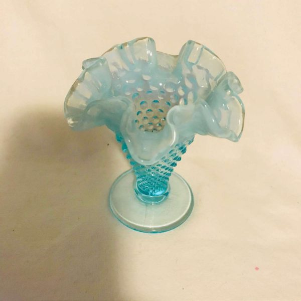 Fenton Hobnail 1950's Aqua Blue glass miniature RUFFLE vase 3 5/8" tall Opalescent rim collectible display vintage home decor bud vase