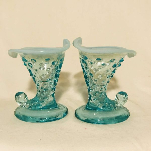Fenton Hobnail 1950's Aqua Blue glass miniature vase PAIR 3 3/4" tall Opalescent rim collectible display vintage home decor bud vase