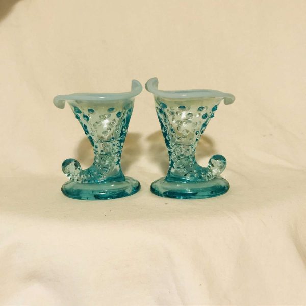 Fenton Hobnail 1950's Aqua Blue glass miniature vase PAIR 3 3/4" tall Opalescent rim collectible display vintage home decor bud vase