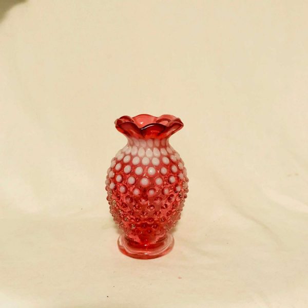 Fenton Hobnail 1950's pink glass miniature vase 3 3/4" tall Opalescent rim collectible display vintage home decor bud vase
