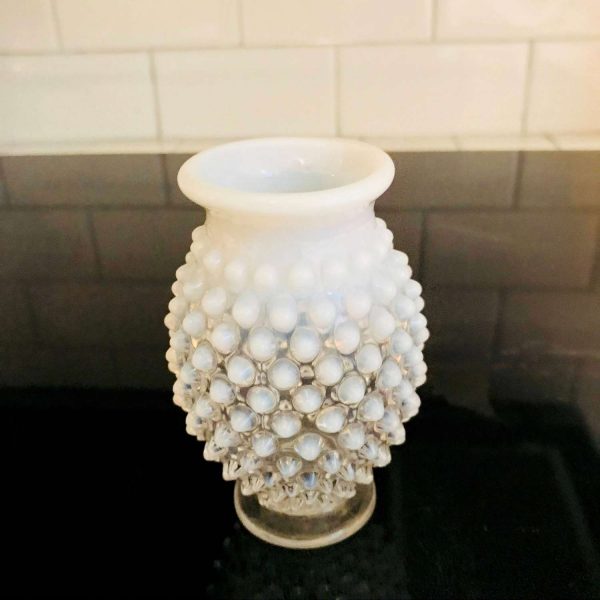 Fenton Hobnail 1950's White Clear glass miniature vase 3 7/8" tall Opalescent rim collectible display vintage home decor bud vase