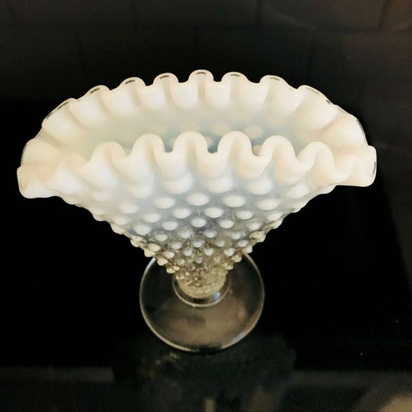 Fenton Hobnail 1950's White Clear glass miniature vase 4" tall Opalescent rim collectible display vintage home decor bud vase