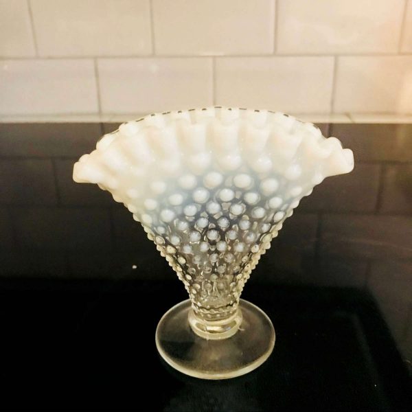 Fenton Hobnail 1950's White Clear glass miniature vase 4" tall Opalescent rim collectible display vintage home decor bud vase