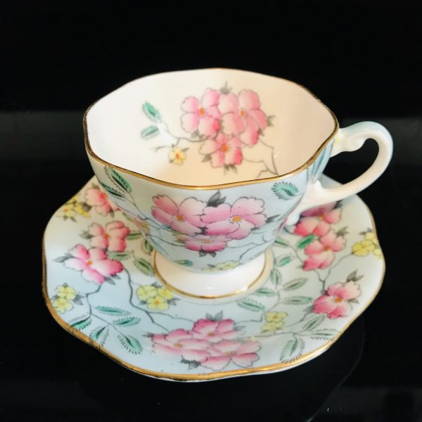 Foley Tea Cup and Saucer Chintz Aqua with Pink flowers gold trim Fine bone china England Collectible Display Farmhouse cottage shabby chic
