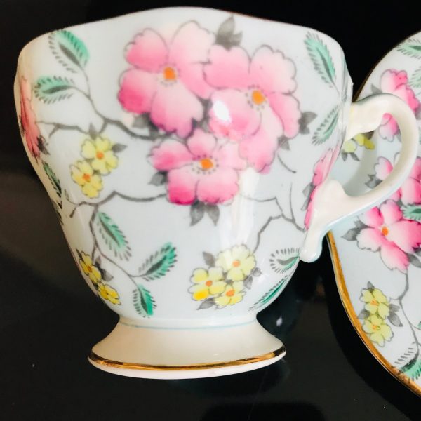 Foley Tea Cup and Saucer Chintz Aqua with Pink flowers gold trim Fine bone china England Collectible Display Farmhouse cottage shabby chic