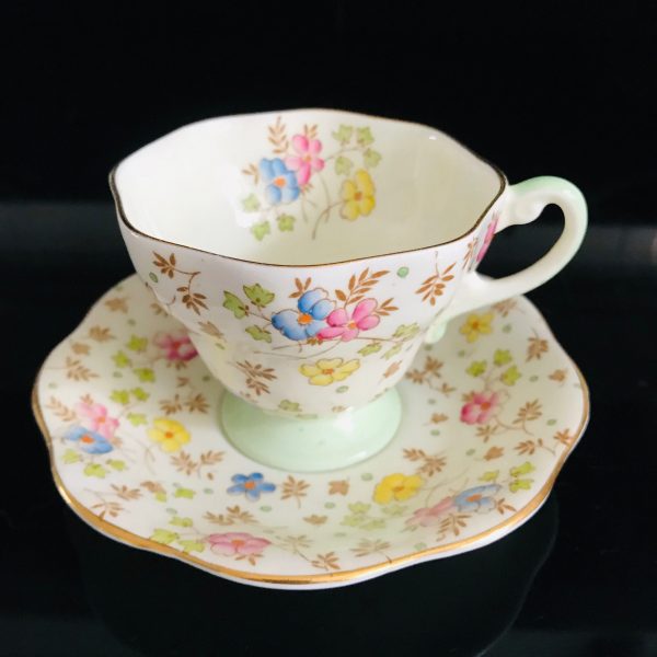 Foley Tea Cup and Saucer Dainty Delicate Chintz Floral light green pink blue yellow floral England Collectible Display Farmhouse bridal