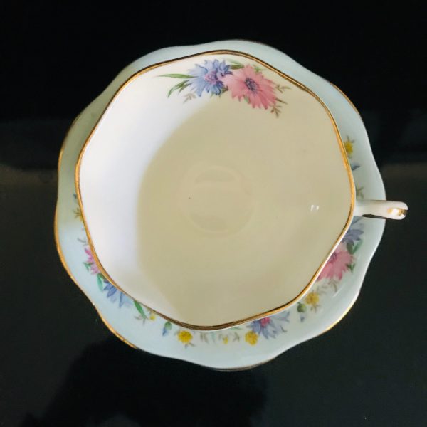 Foley Tea Cup and Saucer Dainty Floral pink lue lavender cornflowers on aqua blue Fine bone china England Collectible Display Farmhouse