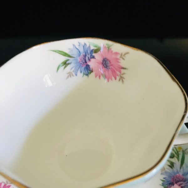 Foley Tea Cup and Saucer Dainty Floral pink lue lavender cornflowers on aqua blue Fine bone china England Collectible Display Farmhouse