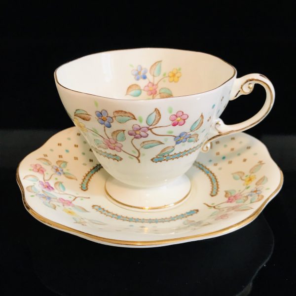 Foley Tea Cup and Saucer hand painted Dainty Delicate Aqua pink blue yellow floral Fine bone china England Collectible Display Farmhouse